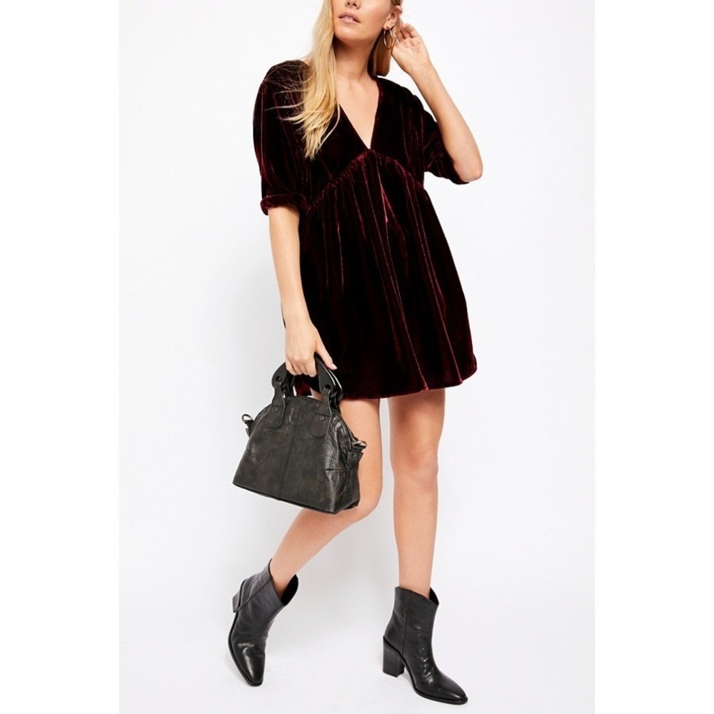 Free People Velvet Babydoll Dress Women Small Wine Burgundy V-Neck Mini OB619946